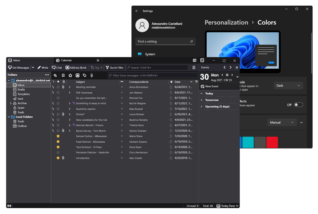 Screenshot of Thunderbird's new system dark mode.