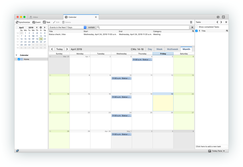 Snímka obrazovky kalendára v Thunderbirde