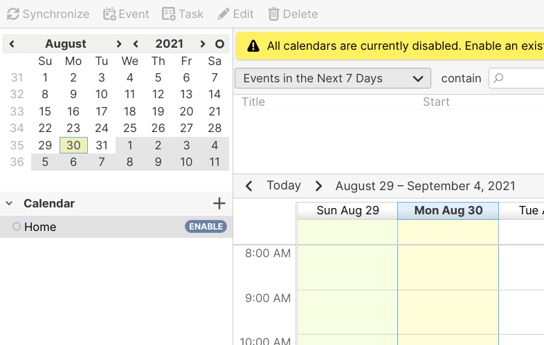 Screenshot of the new options in the Thunderbird calendar sidebar.